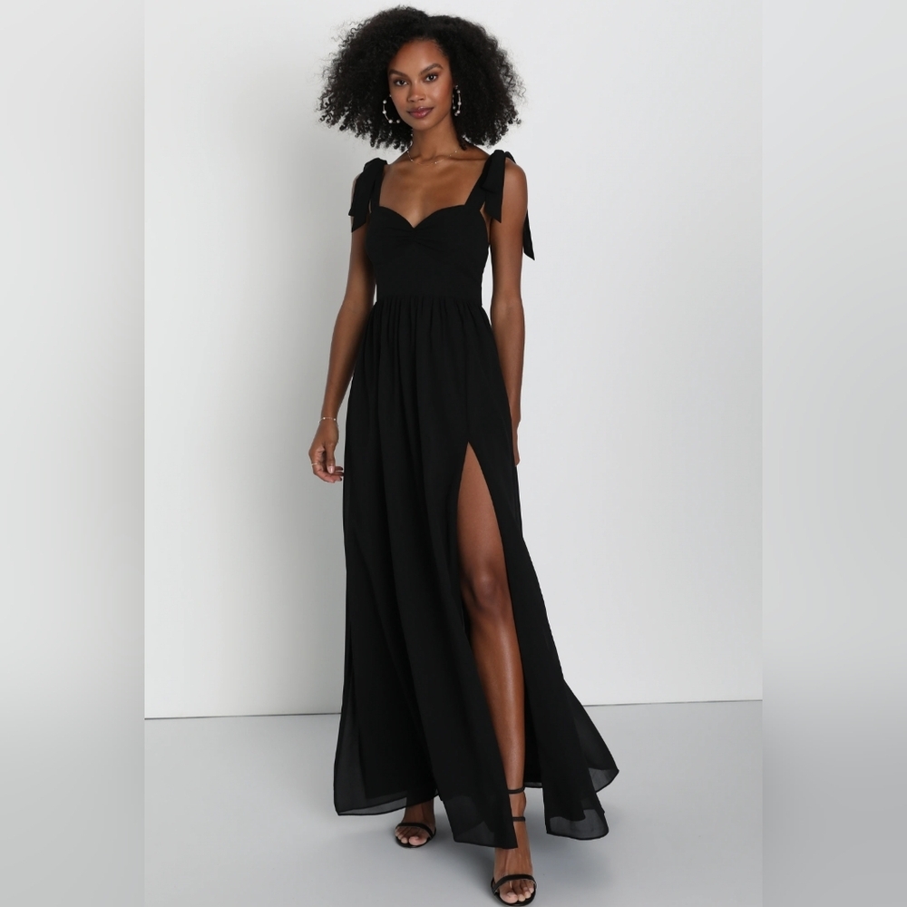 NWOT Lulu's Black Chiffon Ruched Tie Strap Maxi Dress Size M=6/8
